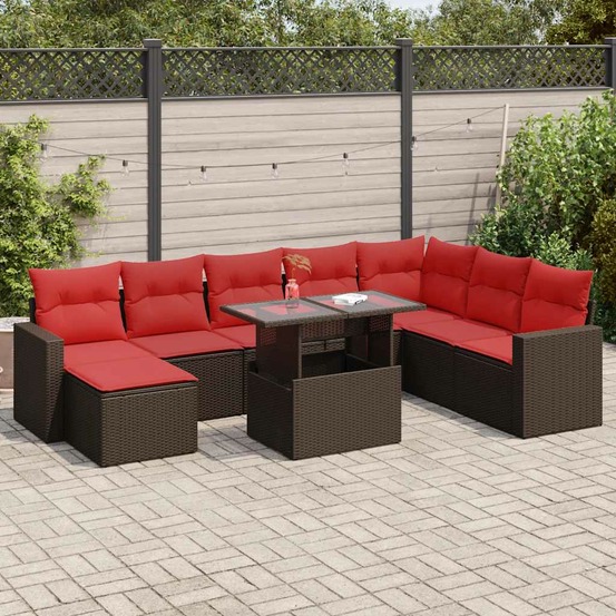 Salon de jardin avec coussins 9pcs marron résine tressée acacia