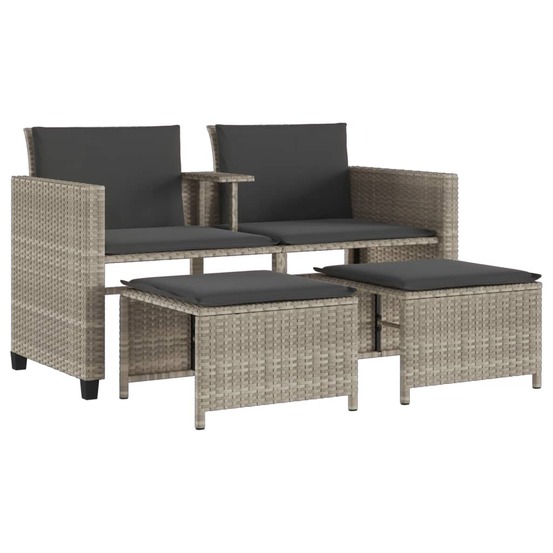 Canapé de jardin 2 places avec table tabourets gris clair rotin
