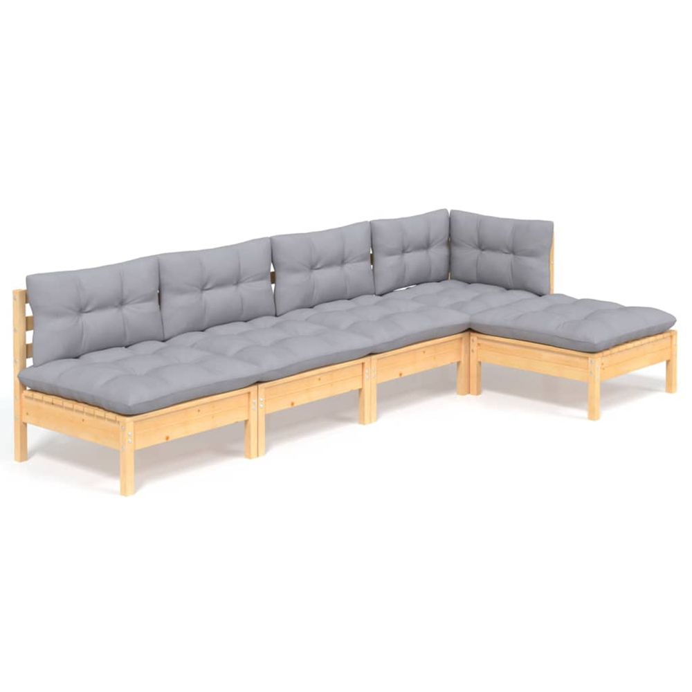 Salon de jardin 5 pcs avec coussins gris bois de pin