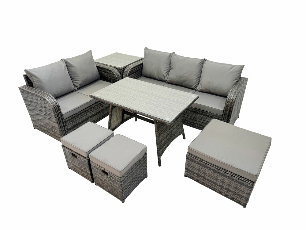 Salon de jardin exterieur 8 places table à manger rectangulaire 3 tabourets canapé d'amour table d'appoint gris foncé mixte