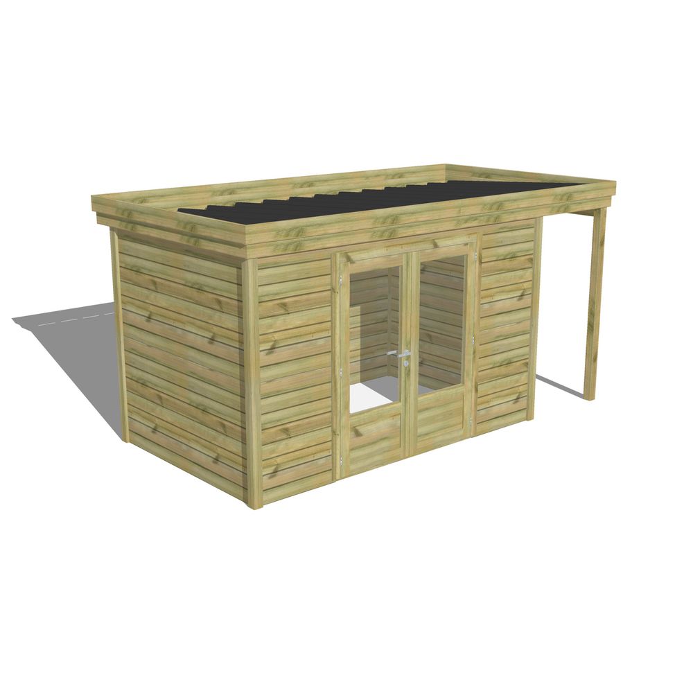 Abri de jardin bois 10 m² - pin autoclave 27 mm - 4,44 x 2,14 m - porte double vitrée, extension de toiture - abri français