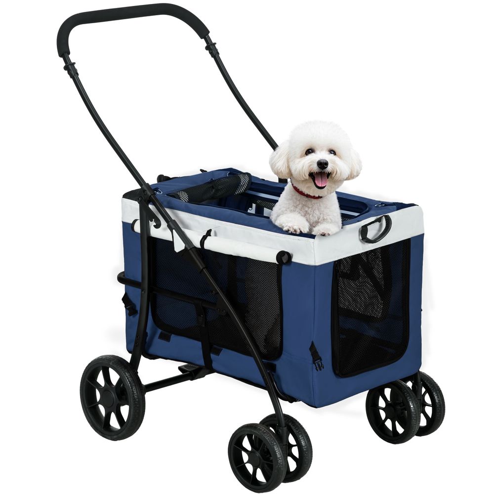 Poussette nacelle amovible acier oxford chien chat voyage bleu 81x58x98cm