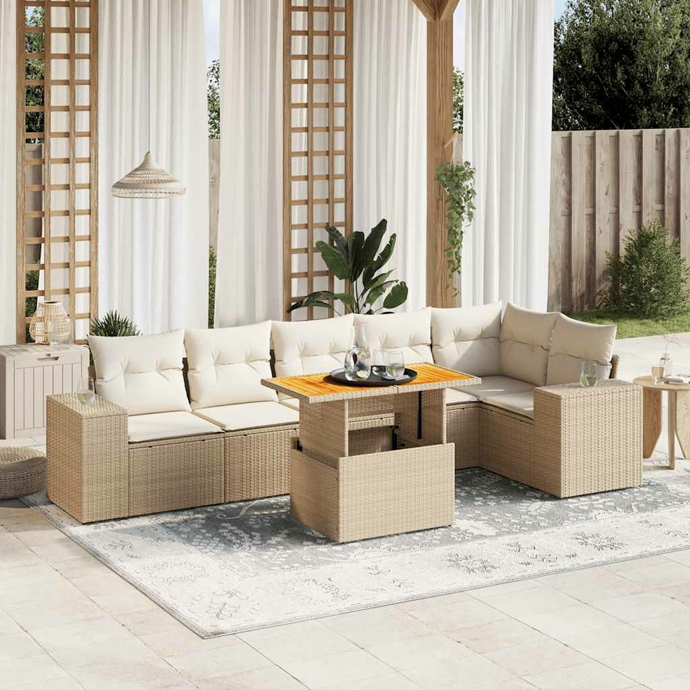 Salon de jardin avec coussins 7 pcs beige résine tressée