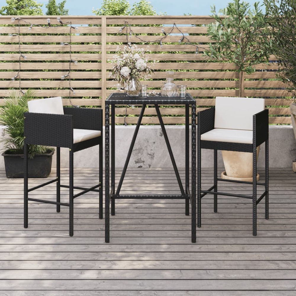 Ensemble de bar de jardin 3 pcs avec coussins noir poly rotin