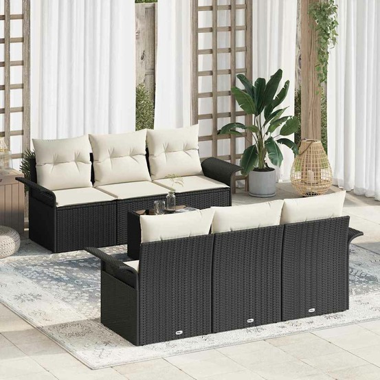 Ensemble de canapé de jardin avec coussin 7 pcs noir polyrotin