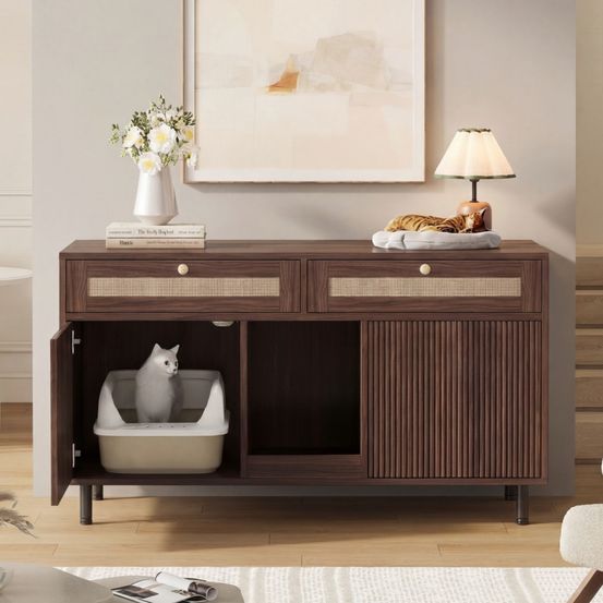 Meuble maison de toilette chat en mdf avec tiroirs cannage double espace noyer 120x50x65cm