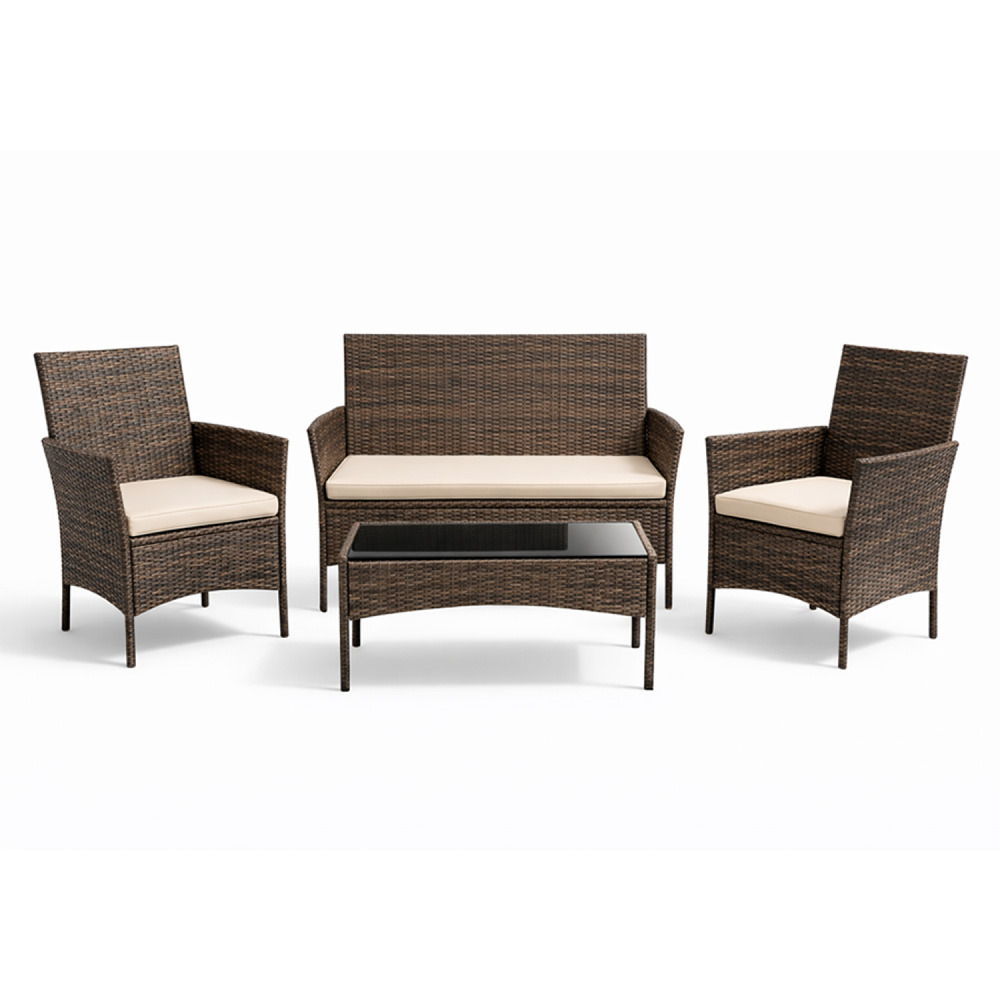 Ensemble de jardin 4 places en résine tressée marron et coussins beige loos
