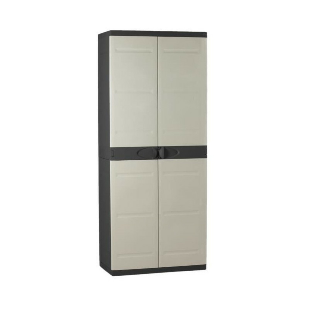 Titanium plastiken armoire haute 2 portes avec etageres - 70 x 44 x 176 cm - beige et noir - gamme titanium - interieur et exter
