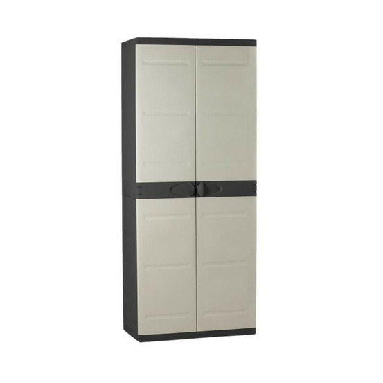 Titanium plastiken armoire haute 2 portes avec etageres - 70 x 44 x 176 cm - beige et noir - gamme titanium - interieur et exter