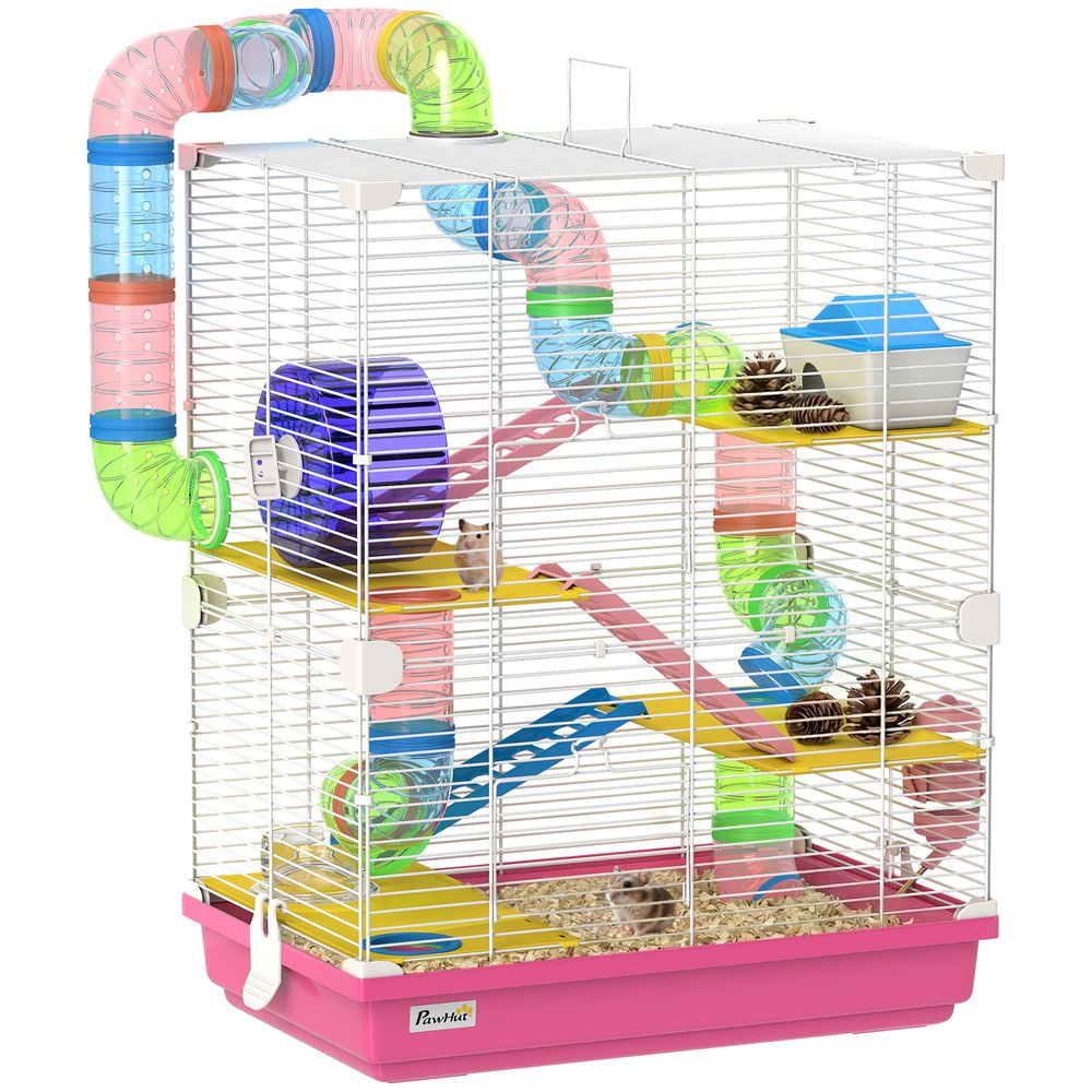 Grande cage hamster métal petit rongeur 5 niveaux tubes extérieurs 46x30x58cm rose