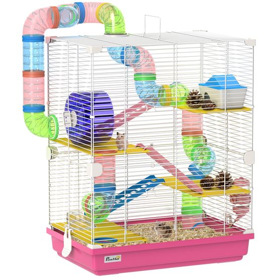Grande cage hamster métal petit rongeur 5 niveaux tubes extérieurs 46x30x58cm rose