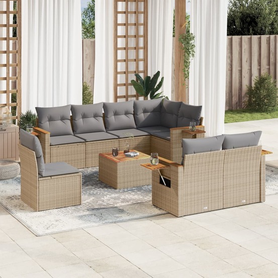 Salon de jardin avec coussins 9 pcs beige résine tressée