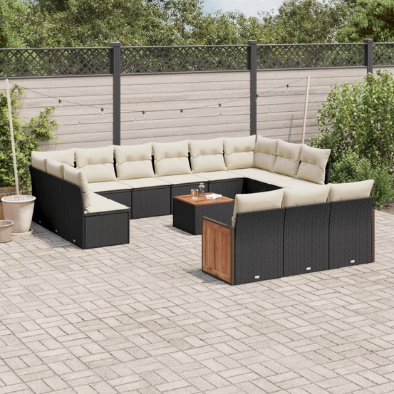 Salon de jardin avec coussins 14 pcs noir résine tressée
