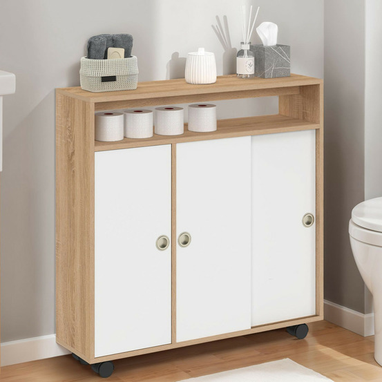 Armoire d'appoint meuble de rangement à roulettes salle de bain tomi structure hêtre plateau blanc