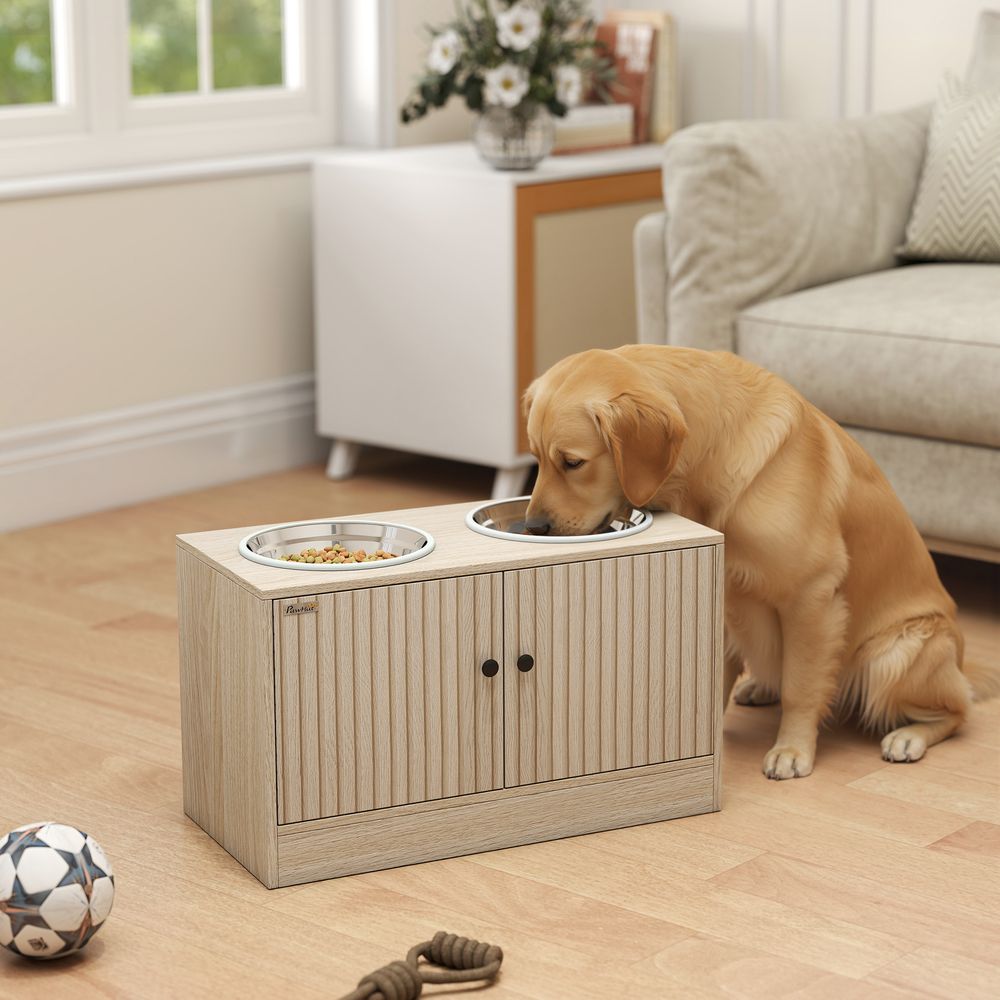 Station repas chien surélevée panneau aggloméré effet chêne 2 gamelles inox 2 l rangement 40 l grands chiens