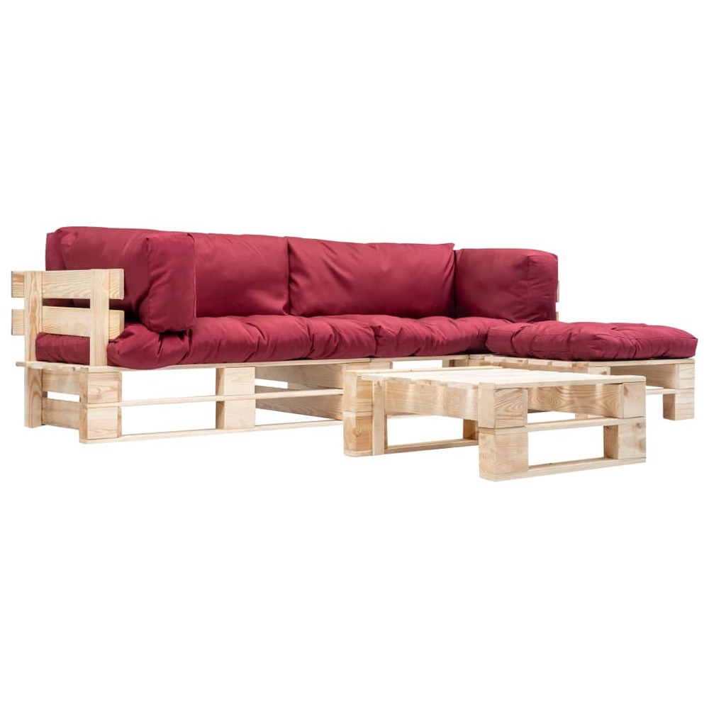Salon de jardin meuble d'extérieur ensemble de mobilier palette 4 pièces avec coussins rouge bois