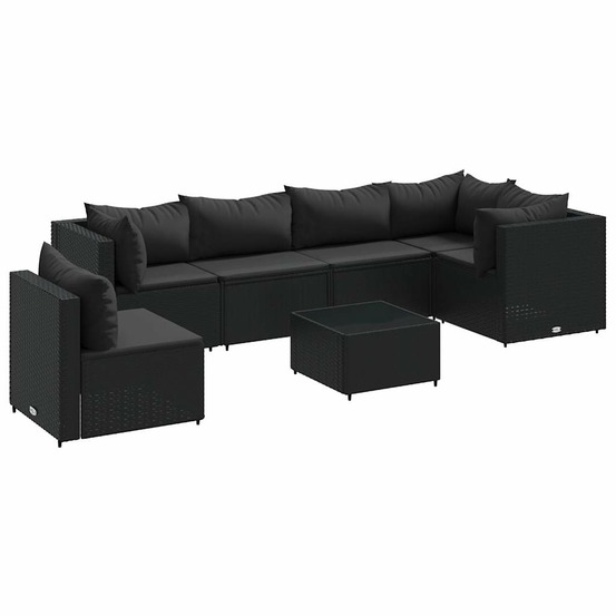 Salon de jardin 7 pcs avec coussins noir résine tressée