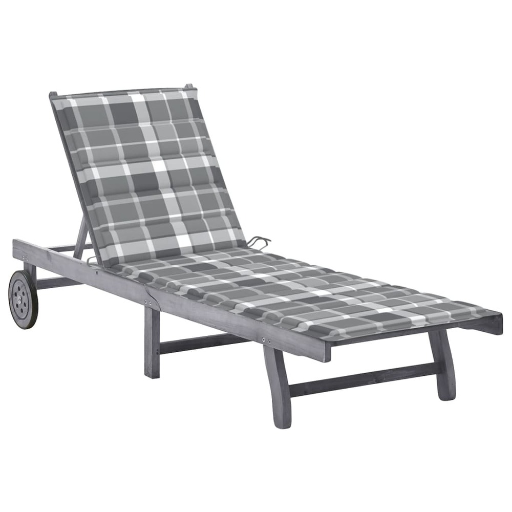 Transat chaise longue bain de soleil lit de jardin terrasse meuble d'extérieur avec coussin gris bois d'acacia solide 02_0012
