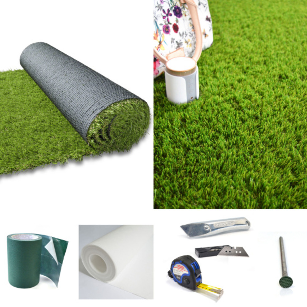 Gazon synthétique vincennes - 35mm - 2m x 25ml + kit de pose sur sol meuble avec couteau alu et mètre