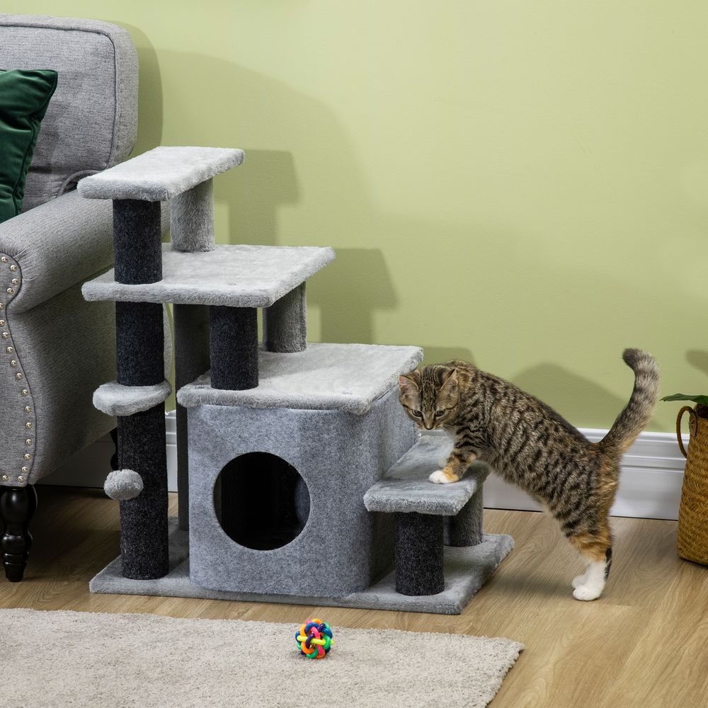 Escalier arbre à chat modulable peluche grise niche et jeu 66cm hauteur - comfortxl pet living