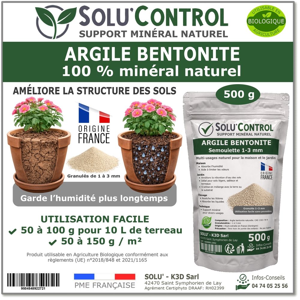 Solu'control argile bentonite naturelle 500 g – support minéral jardin – améliore la rétention en eau des sols et terreaux