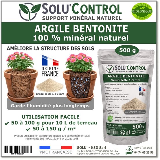 Solu'control argile bentonite naturelle 500 g – support minéral jardin – améliore la rétention en eau des sols et terreaux