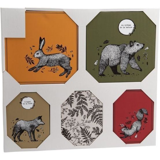 Set de 5 toiles colorées animaux de la forêt