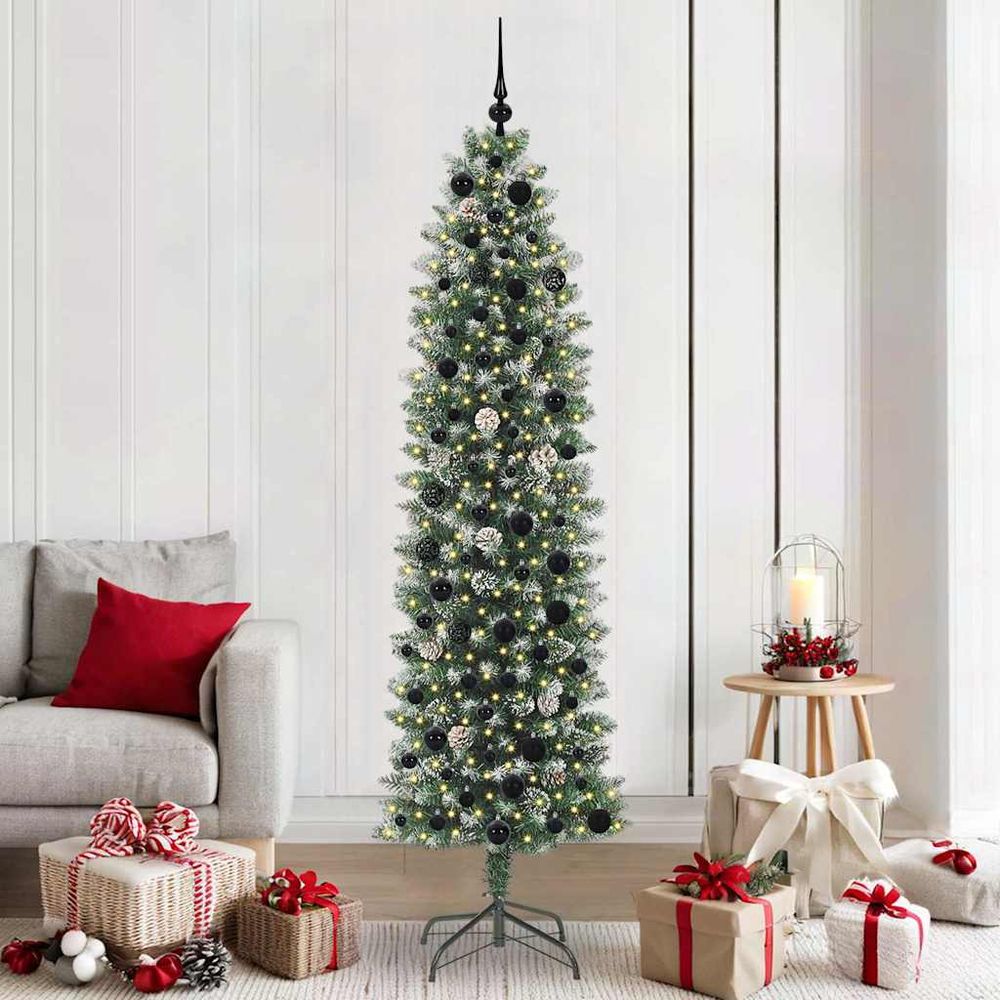 Kit sapin de noël slim 210 cm floconné avec 300 led, 120 boules et pommes de pin