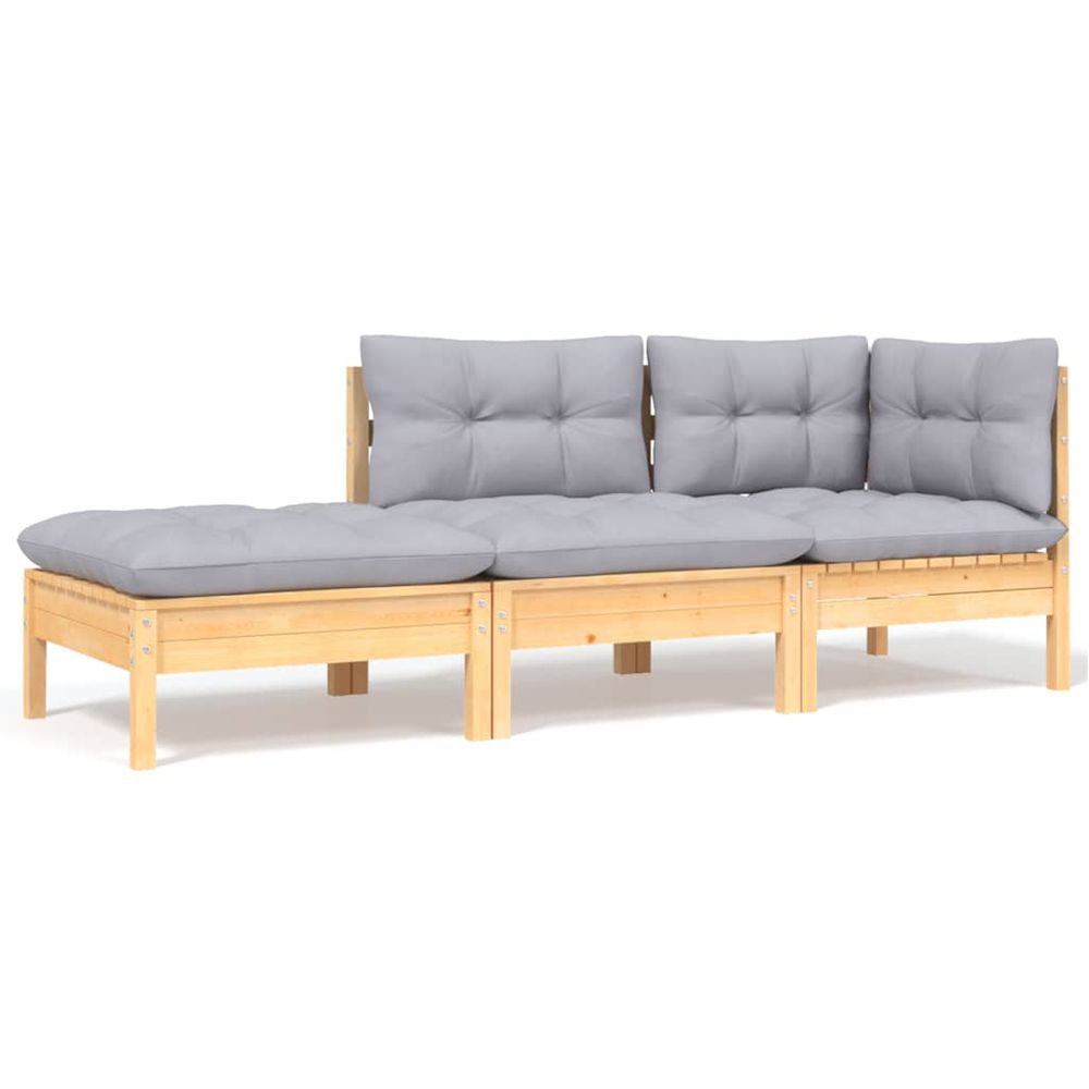 Salon de jardin 3 pcs avec coussins gris bois de pin solide