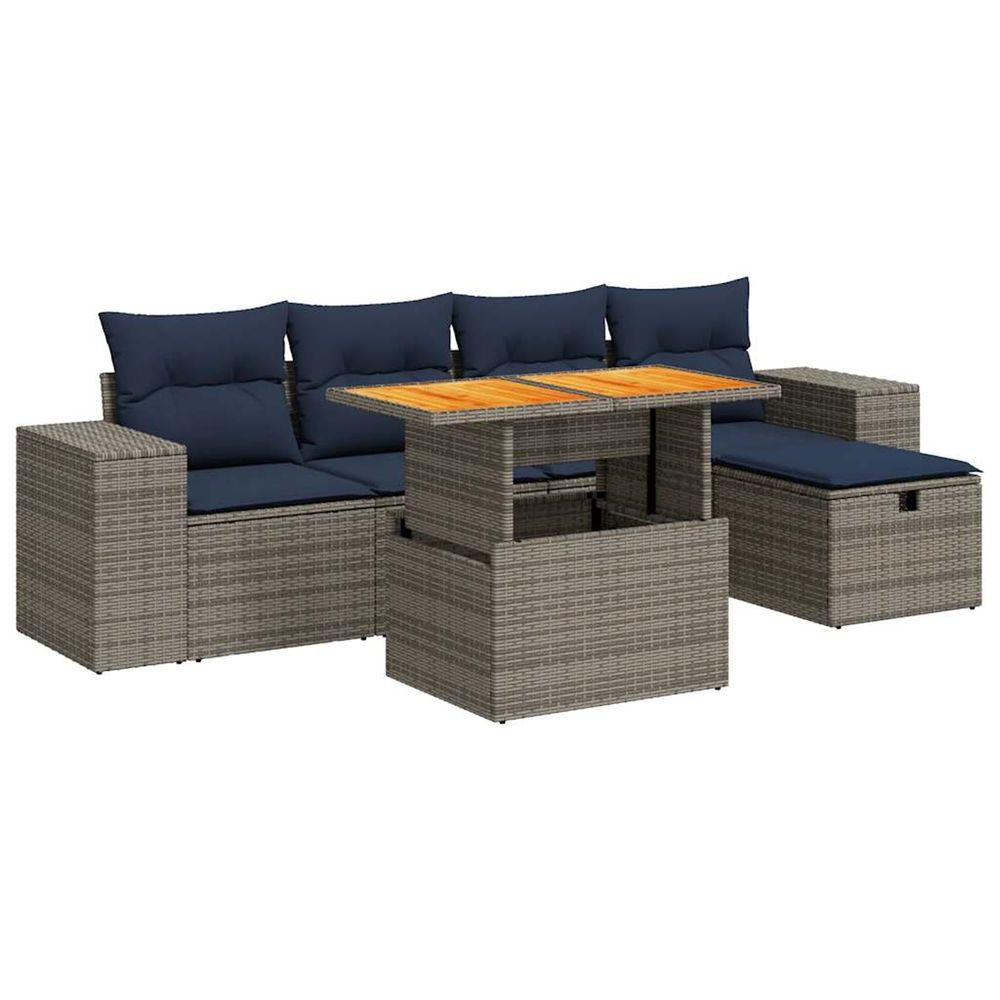 Salon de jardin 6 pcs avec coussins noir résine tressée acacia