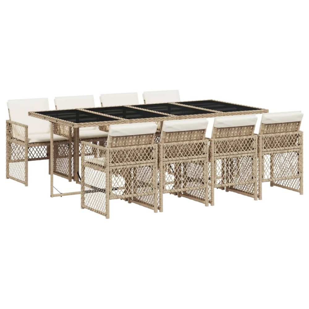 Ensemble à manger de jardin et coussins 9 pcs beige poly rotin