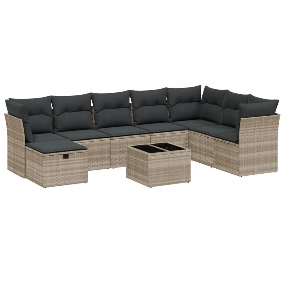Salon de jardin 9 pcs avec coussins gris clair résine tressée
