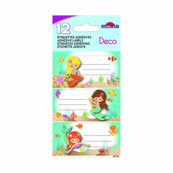 12 étiquettes adhésives scolaires - rectangle - sirènes - paillettes
