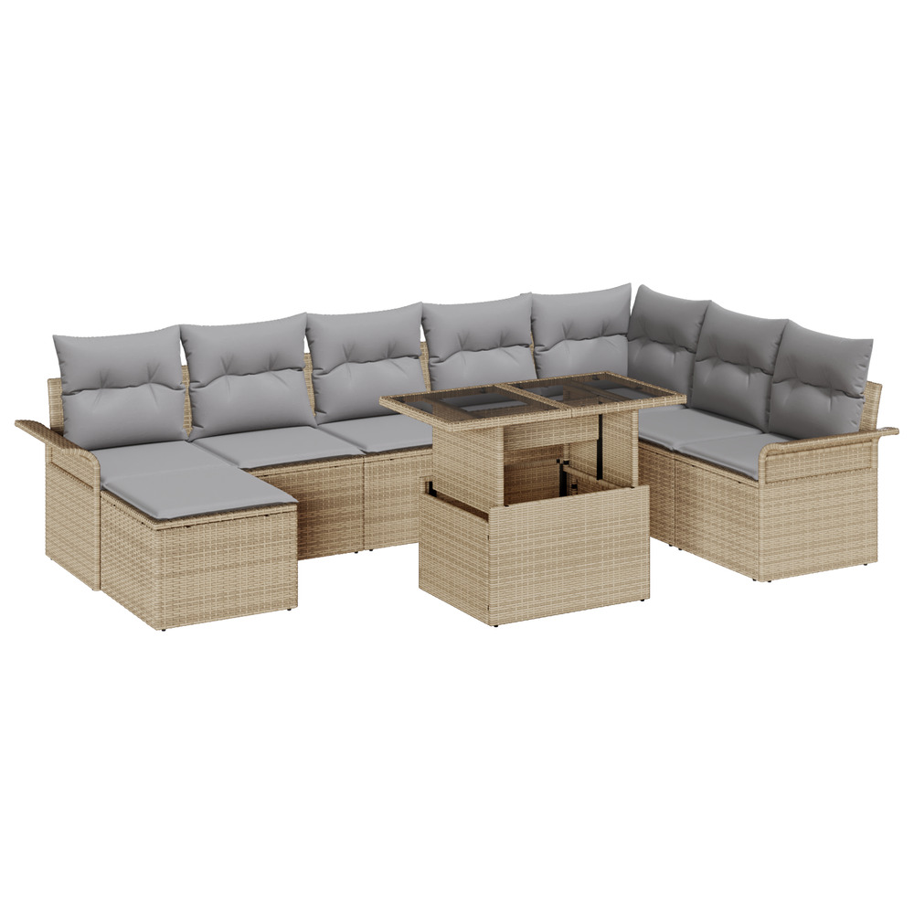 Canapé de jardin 9 pièces avec coussins beige rattan poly