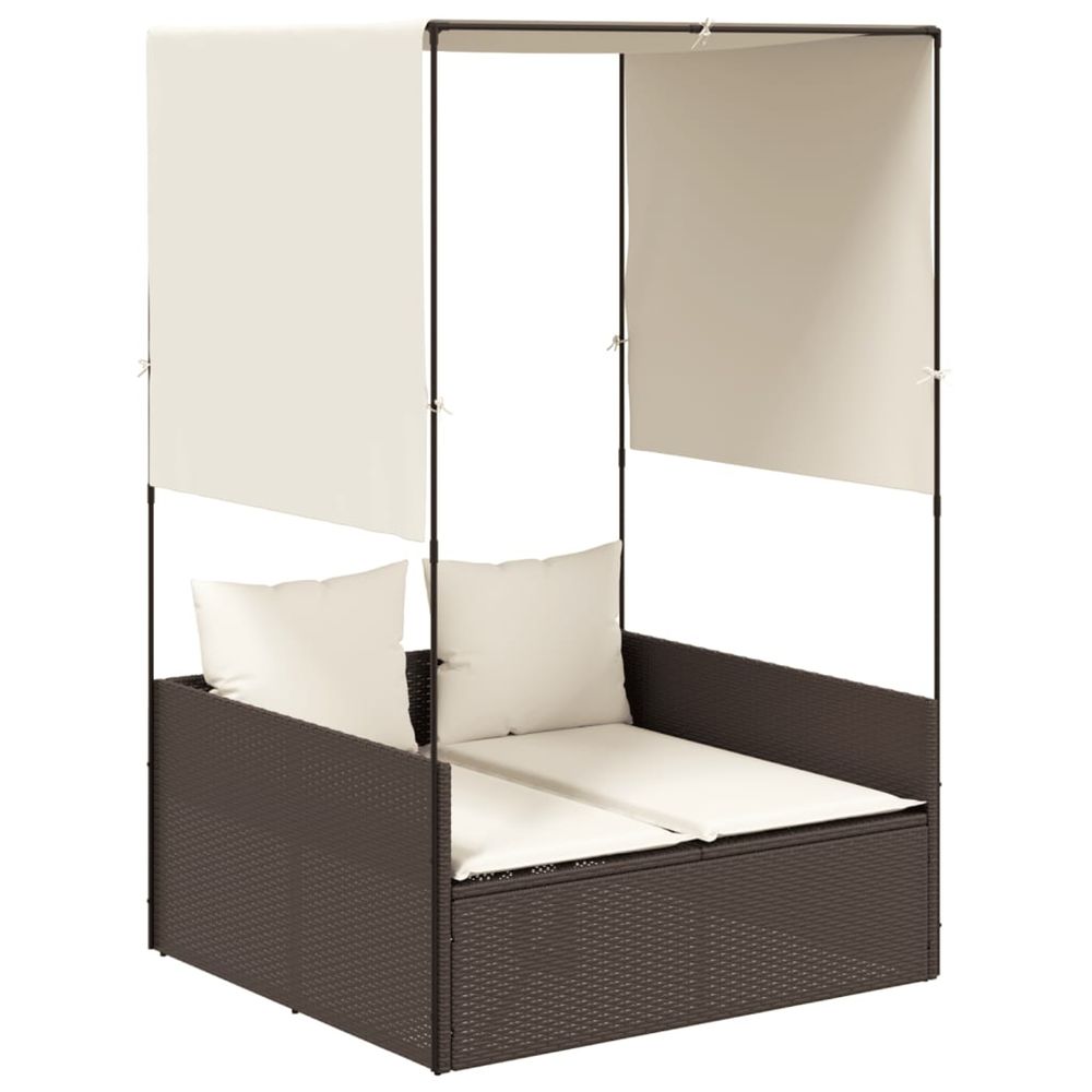 Chaise longue double avec toit et rideaux marron résine tressée bain de soleil