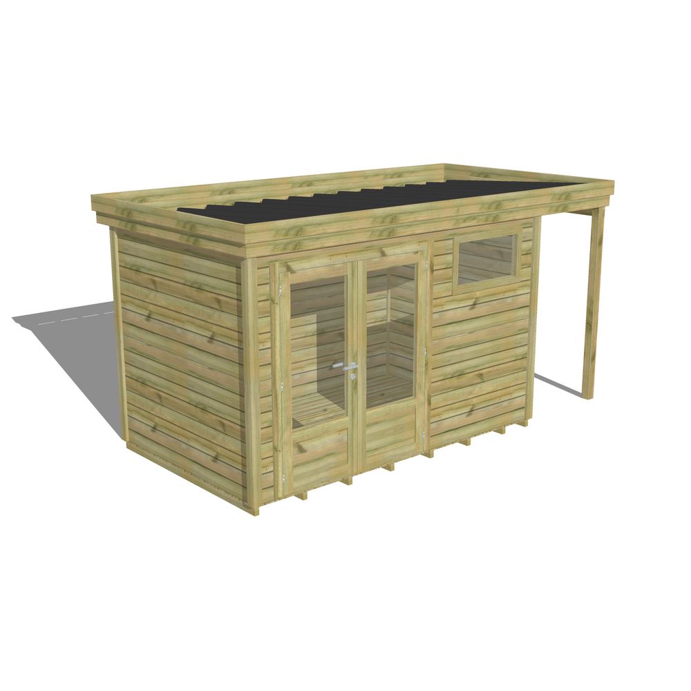 Abri de jardin bois 10 m² - pin autoclave 27 mm - 4,44 x 2,14 m - porte double vitrée, 1 fenêtre, extension de toiture, plancher