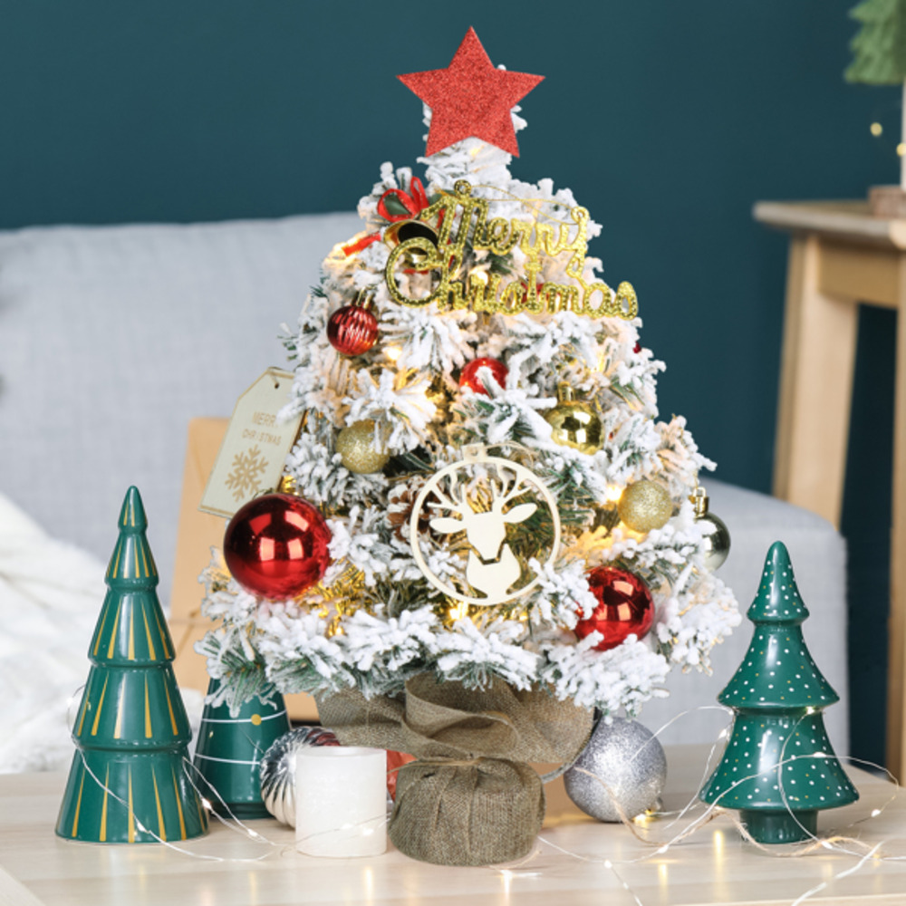 Sapin de noël vert floqué de 41 cm avec 30 lumières, blanc chaud 3 modes, boîtier de commande à piles,base en coton et lin