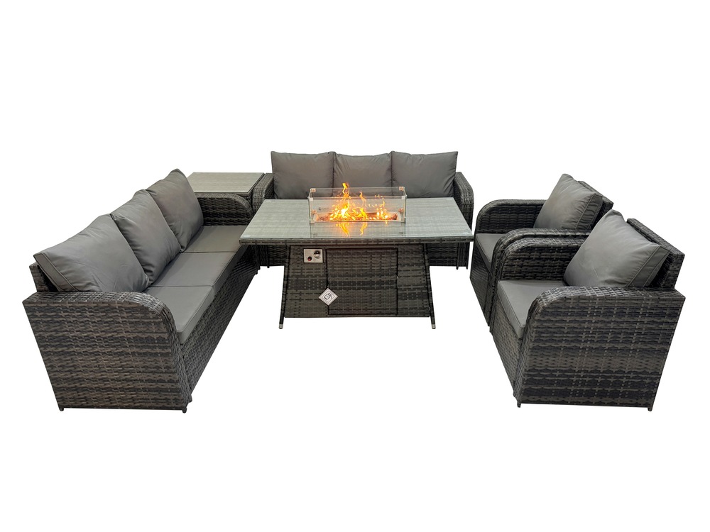 Salon de jardin avec table de foyer à gaz,fauteuil et table d'appoint 8 places outdoor patio canapé lounge set gris foncé mixte