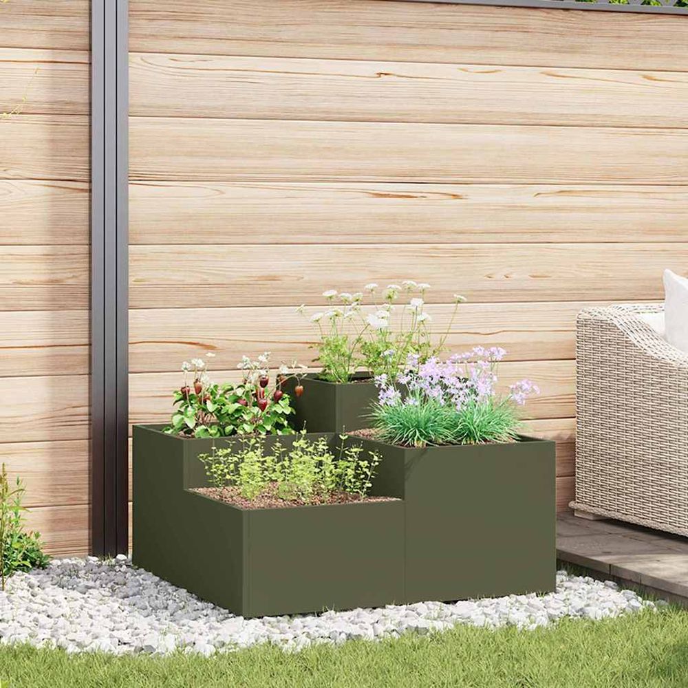 Jardinière carrée en acier pour jardin vert olive 80x80x48 cm