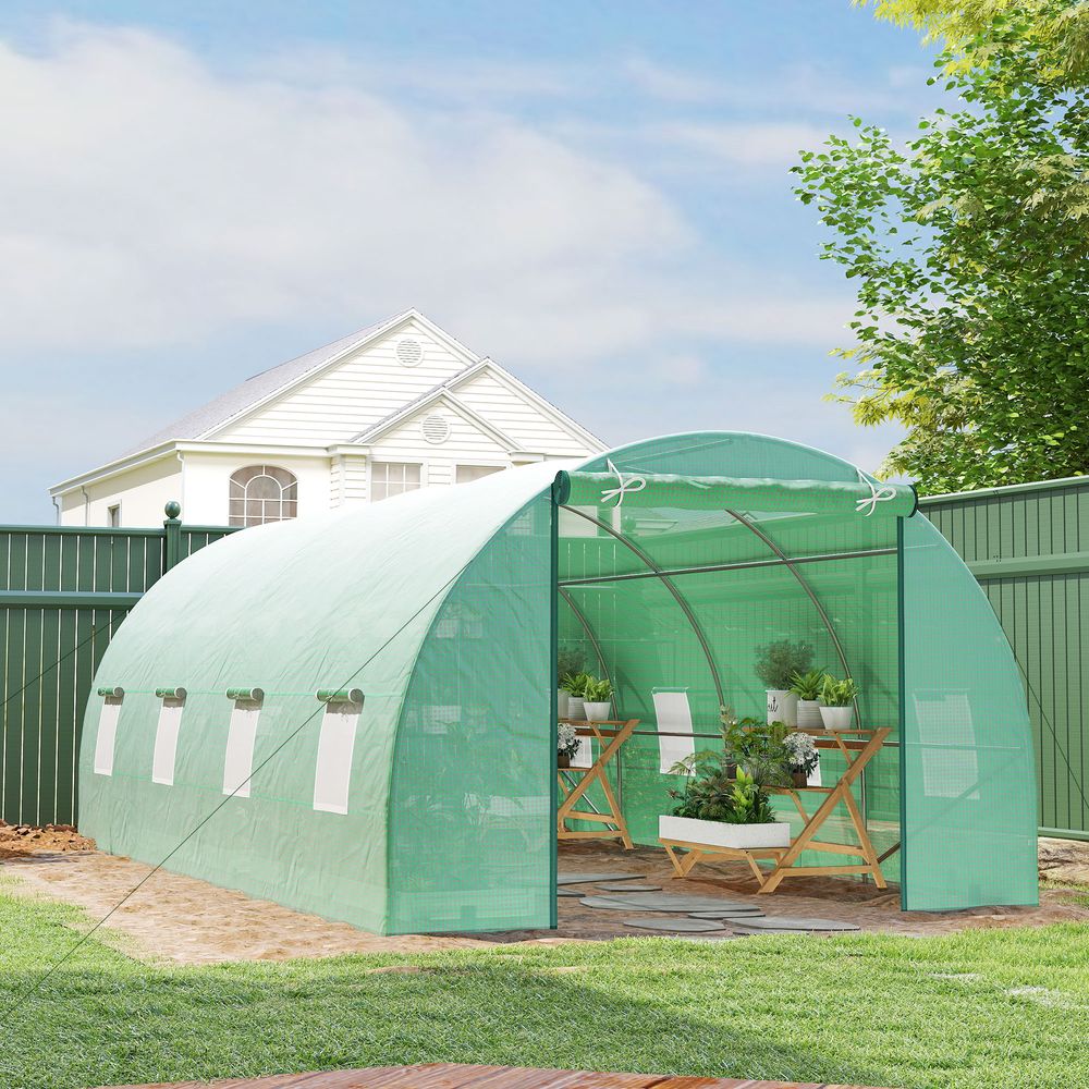 Serre tunnel de jardin pe acier 5,95 x 3 x 2 m verte avec porte zippée et 8 fenêtres - comfortxl outdoor living