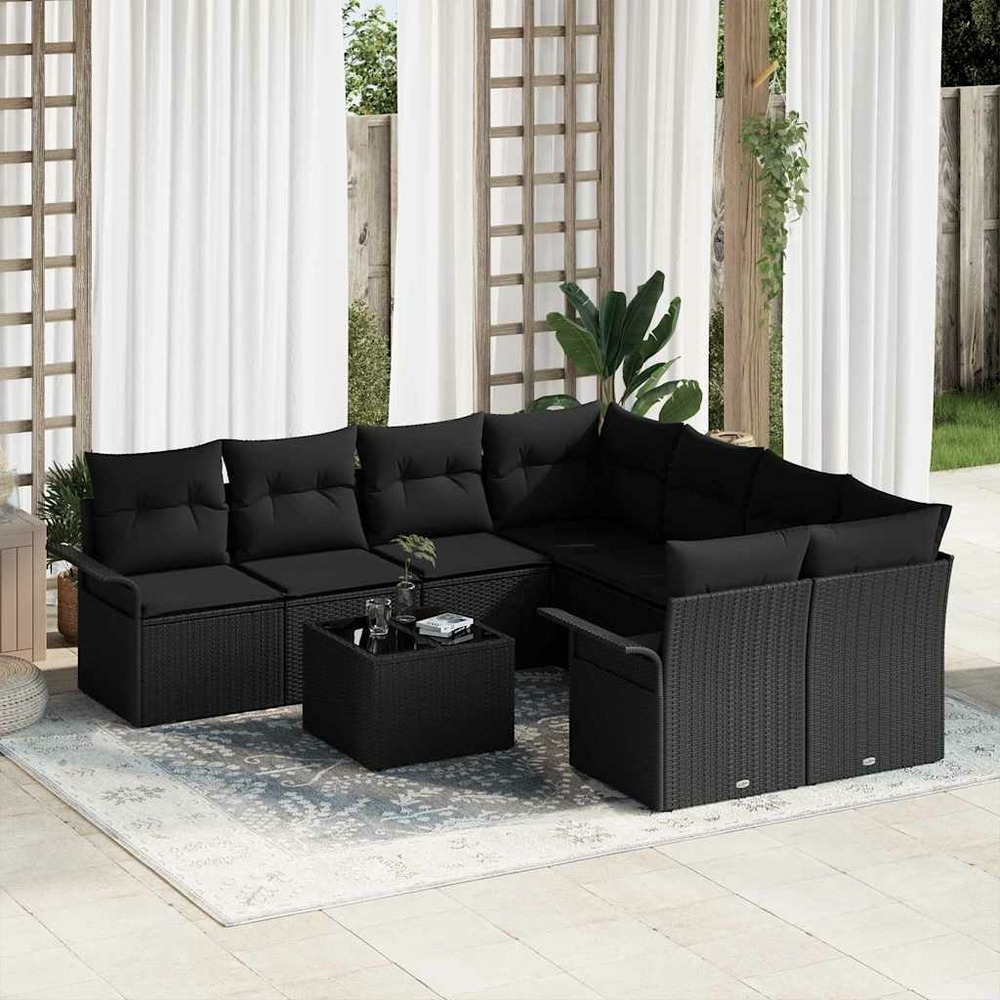 Ensemble de canapé de jardin 9 pcs noir poly rotin