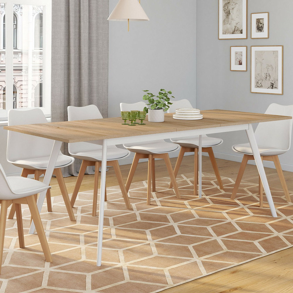 Table scandinave extensible rectangle inga 6-10 personnes plateau bois pieds blancs 160-200 cm