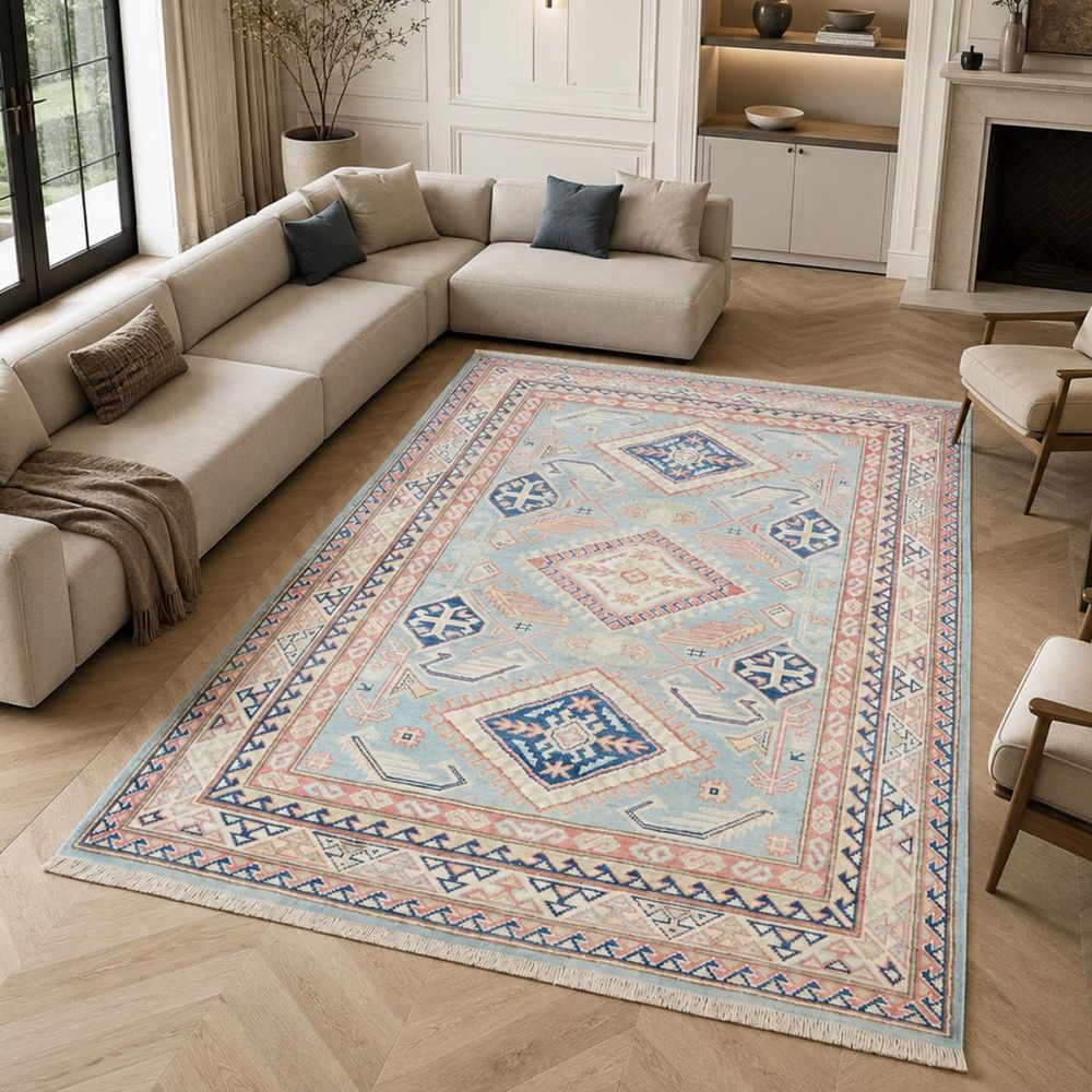 Tapis chambre 120 x 179 cm, géométrique, bleu, beige et rose, kazak co 68