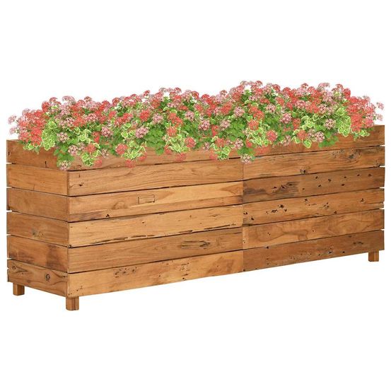 Très grande jardinière teck recyclé et acier pour jardin 150x40x55 cm