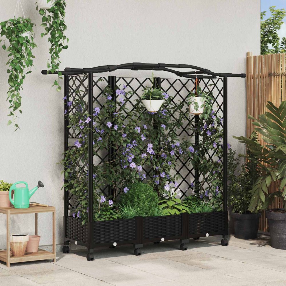 Potager surélevé en polypropylène pour balcon avec treillis et toit 163cm noir
