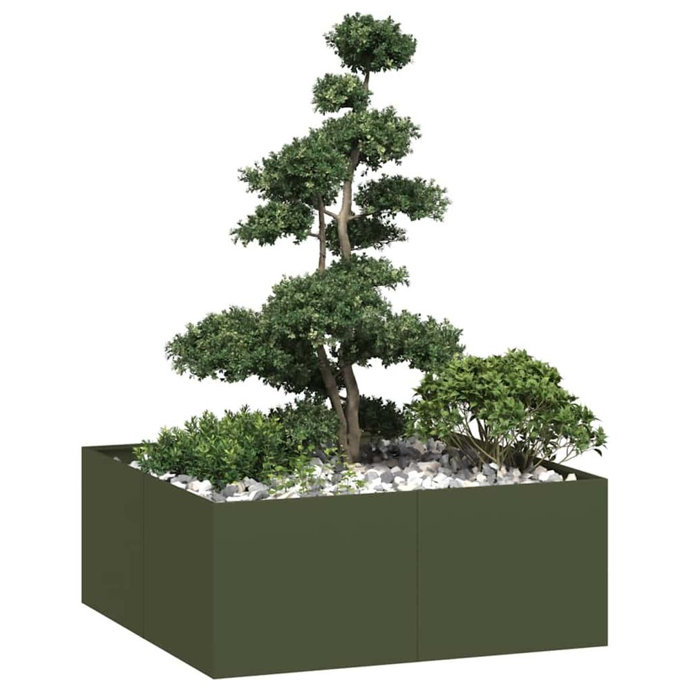 Carré potager bas acier laminé à froid robuste design moderne pour jardin et terrasse vert olive 100x100cm