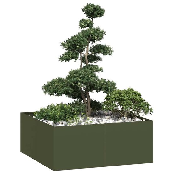 Carré potager bas acier laminé à froid robuste design moderne pour jardin et terrasse vert olive 100x100cm