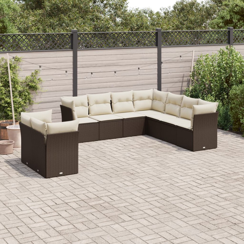 Salon de jardin avec coussins 9 pcs marron résine tressée