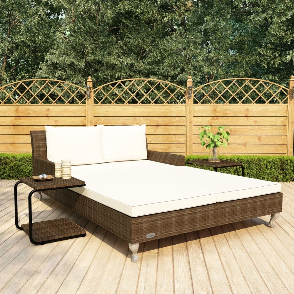Chaise longue à 2 places avec coussins résine tressée marron