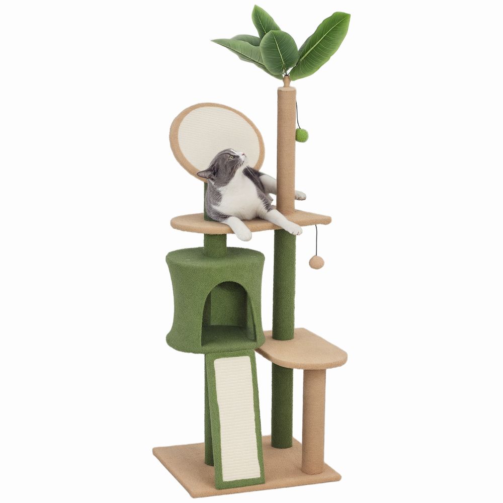 Arbre à chat bois peluche pour intérieur centre de jeu complet 139cm vert